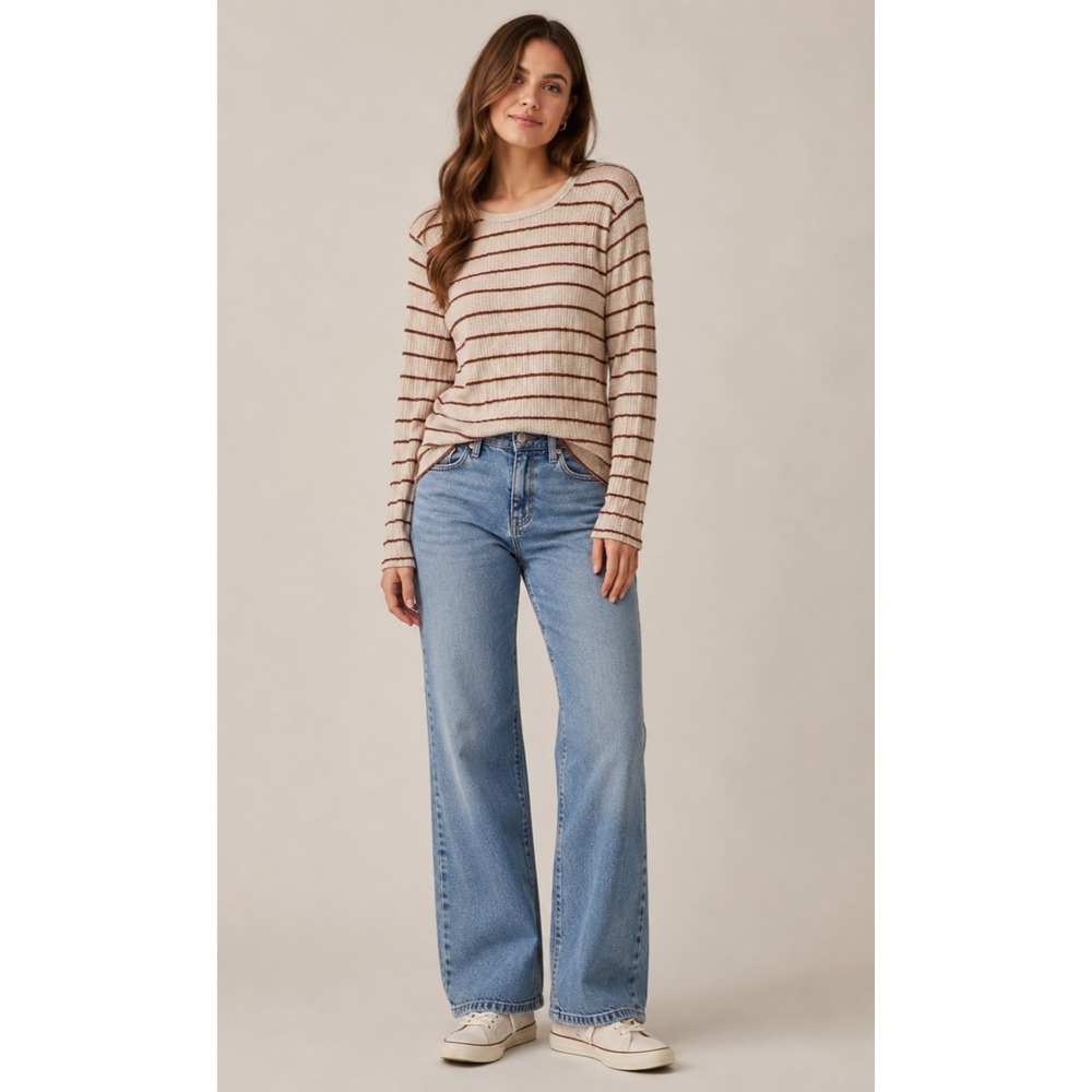 J. Crew Perfect Ribbed Preppy Minimalist Sweater Women XL Cream Red Green Stripe